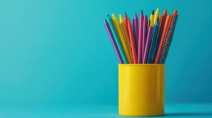 A symphony of vibrant colors, a vibrant collection of pens and markers, nestled within a yellow holder against a serene blue backdrop, promising creative possibilities waiting to be unleashed.