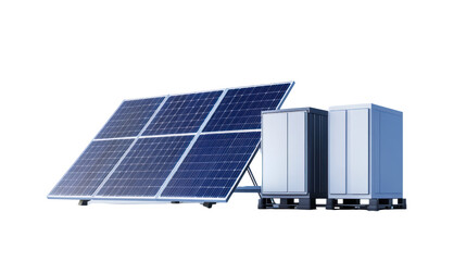 Solar panel system with energy storage units, designed for modern renewable energy solutions, isolated on a white background.