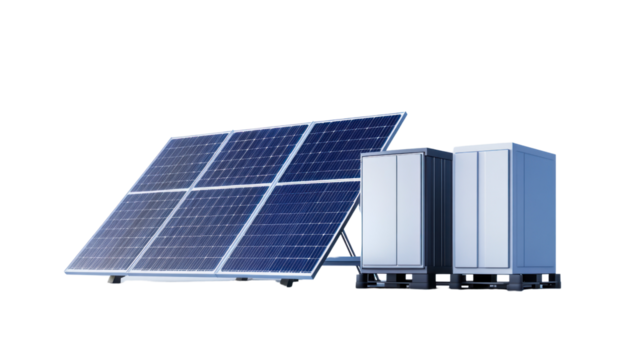 Solar panel system with energy storage units, designed for modern renewable energy solutions, isolated on a white background.