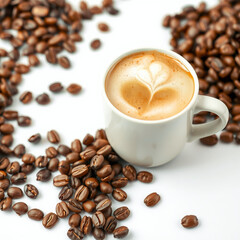Cup of Cappuccino with Heart Latte Art and Coffee Beans