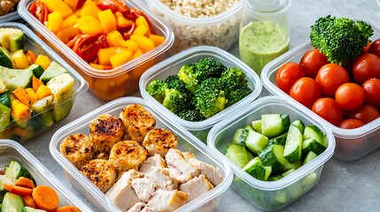 A colorful assortment of healthy meal prep containers filled with vegetables, chicken, and grains, promoting nutritious eating.