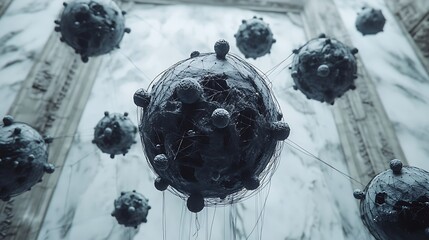 Dark spheres connected by threads suspended against a marble backdrop