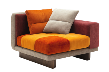 Stylish modern armchair with vibrant colors in orange and beige, perfect for contemporary interiors, isolated on a white background.