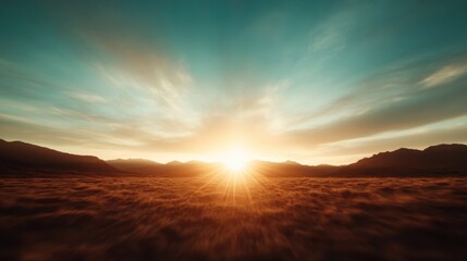 A breathtaking sunrise paints the sky with vibrant colors, illuminating distant mountains and casting a warm glow over the tranquil landscape of rolling hills.