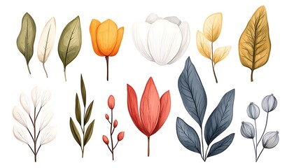 Botanical Illustrations: Floral & Leaf Elements.