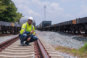 Fototapeta premium worker on railway. construction workers at work on railway