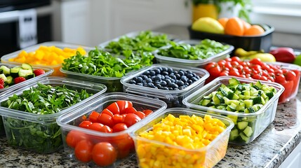 Obraz premium A vibrant display of fresh fruits and vegetables arranged in containers on a kitchen countertop, promoting healthy eating and meal preparation.