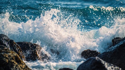 Obraz premium A close-up of ocean waves crashing against rocks, sending up a spray of seawater