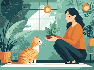 A pet sitter feeding a cat in a warm, comfortable living room with lush plants, soft lighting, and colorful decor.