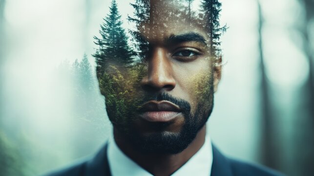 A captivating double exposure of a man’s face, beautifully merging with a lush forest, representing the connection between humanity and nature’s beauty.