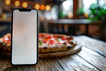 Smartphone with blank screen on wooden table next to pizza, showcasing app or delivery concept in restaurant setting, concept: food, phone, pizza, restaurant,