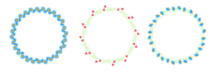 Set of three frames with floral elements. Delicate spring colors. Round floral frame consisting of green stems and flower buds. Icons are isolated on white background.