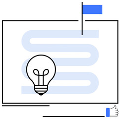Lightbulb on a maze-thumbs up path leading to a goal flag signifying progress, strategy, and innovation. Hand with thumbs-up represents achievement and approval. Ideal for planning, success