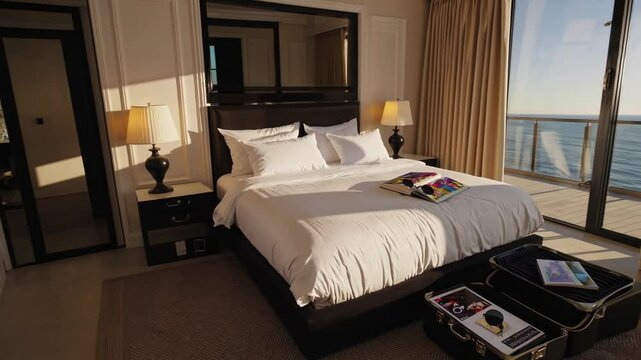  ultra-high-definition cinematic wide-angle shot capturing a luxurious hotel suite bathed in golden sunlight. An elegantly packed open suitcase sits on the plush king-sized bed, revealing neatly folde