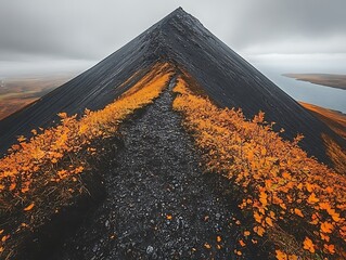 Narrow pathway ascending the side of a dark triangular mountain
