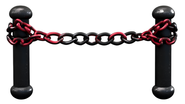 Black and red chain wrapped around black plastic posts, transparent background, PNG file for cut-out design element