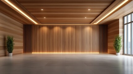 Obraz premium This image showcases a spacious modern interior featuring warm wooden walls, accent lighting, and potted plants, creating a serene and inviting atmosphere.