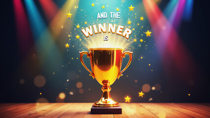 winner cup with text And The Winner is, gold star