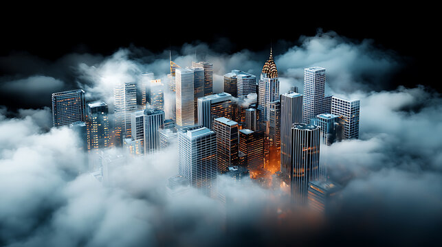 Mysterious urban landscape emerging from fog city center aerial view night dreamlike atmosphere for seo impact