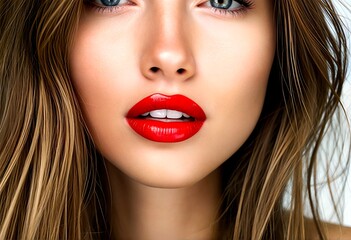 Fototapeta premium A close-up of a woman's face with bright red lipstick.
