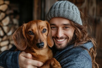 a man and his dog, both looking at the camera, with the man smiling.