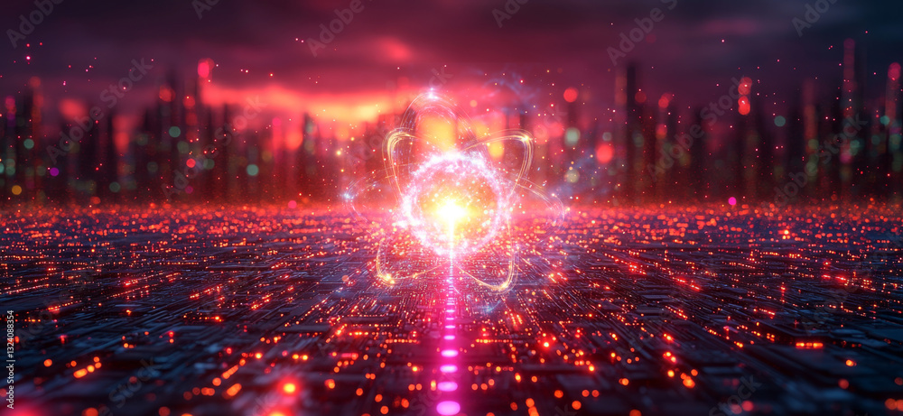 Poster A striking representation of quantum mechanics showcasing concepts such as entanglement and superposition amidst a vibrant digital landscape.