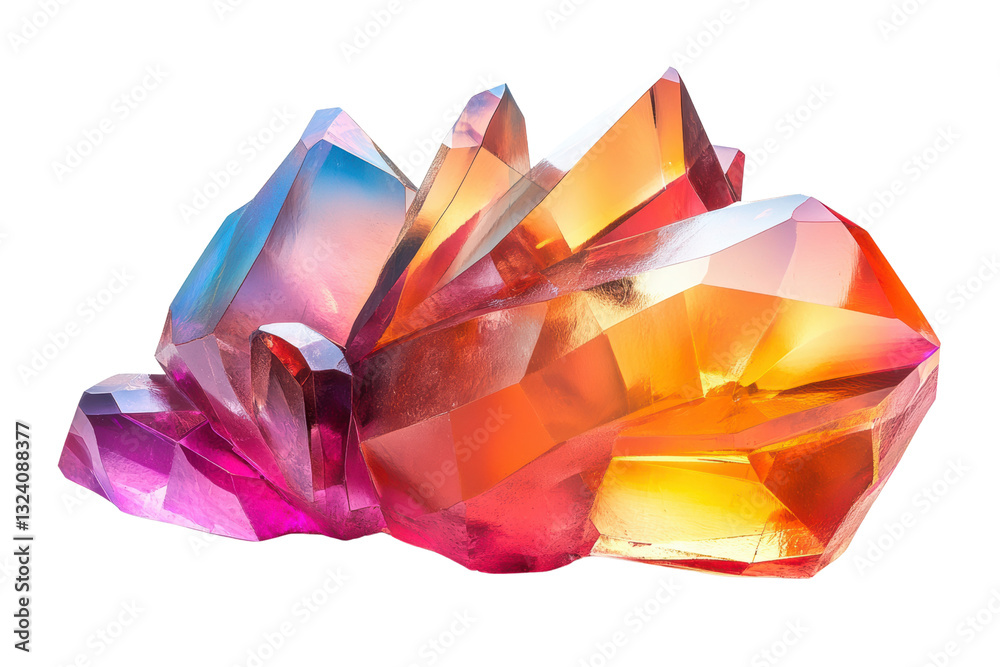 Poster vibrant, multi-colored crystal cluster with sharp edges and stunning optical effects, isolated on a 