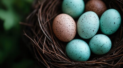 Obraz premium Colorful eggs nestled in a rustic nest amidst vibrant foliage highlight nature's beauty and symbolize the cycle of life, bringing a sense of peace and nurturing.