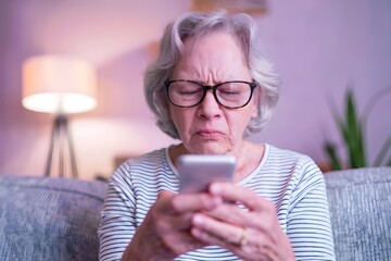 Confused senior woman in eyeglasses squinting eyes, try to read message on cellphone, having problems with vision, sitting on couch at home