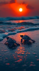 Baby Sea Turtles Sunset Ocean Shore