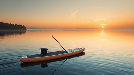 Naklejka premium Sunset Paddleboard Mockup on Serene Lake