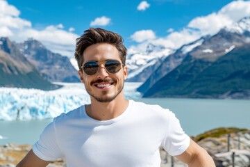 Fototapeta premium A smiling man wearing sunglasses stands in front of a stunning glacier landscape