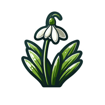 recommend clip art: Stylized snowdrop flower with green leaves isolated on white background