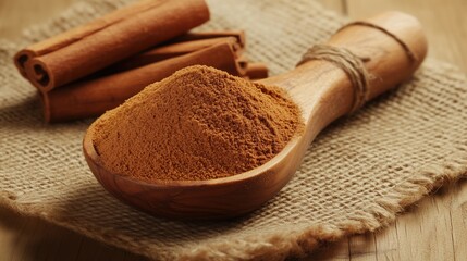 Cinnamon Powder in Wooden Scoop