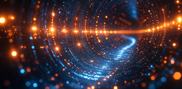 This visualization reflects the intricate relationships of quantum computing concepts such as superposition and entanglement. Bright particles illustrate data optimization and regression patterns.
