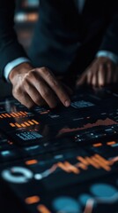 Business professional analyzing data on a touchscreen interface in a modern office