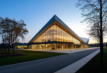 Fototapeta premium The modern building with large windows and glass walls stands out against the sky, its unique design making it a striking feature of the landscape.