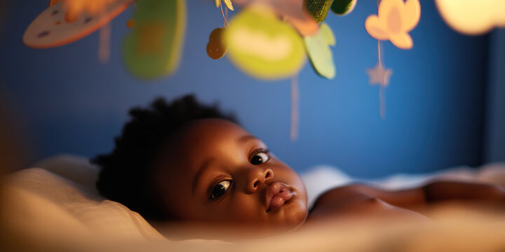 Infant Lying in Crib with Mobile Overhead