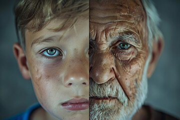 Child and elderly face composite, concept:, aging, generations, life cycle, contrast