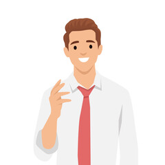 Smiling man in a white shirt and red tie gestures while speaking, confidence and friendliness. Flat vector illustration isolated on white background