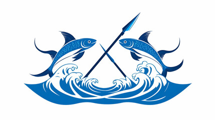 Naklejka premium Two Fish with Spear and Waves in Dynamic Blue Color Design