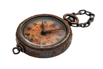 Vintage pocket watch with rust and intricate details, showcasing the passage of time on a white isolated background.