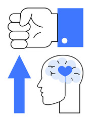 Fist signifies strength, head with heart and brain represents emotional intelligence, blue arrow suggests growth. Ideal for psychology, resilience, motivation, self-improvement, mental health