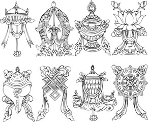 Ashtamangala. Eight auspicious symbols of Buddhism