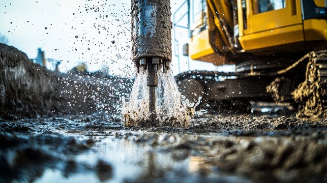 Heavy machinery drilling for artesian well water supply, showcasing water and soil displacement. Development background concept