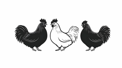 Fototapeta premium Three Stylized Chickens in Black and White Retro Illustration