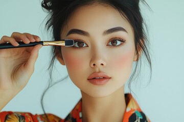 Obraz premium a young woman applies eye shadow with a brush.