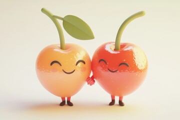 Two cute cartoon cherries holding hands, showcasing friendship and happiness.