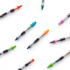 colored insulin pens on a white background, top view.