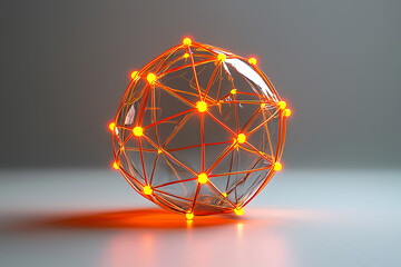 Illuminated sphere of connected nodes and lines casting a warm orange glow on a neutral background.